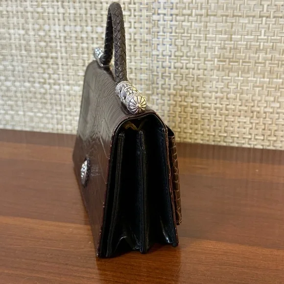 🌟7xHP🌟VTG 90s Brighton Croco Embossed Brown & Black Leather Organizer Wallet Bag - Picture 5 of 15